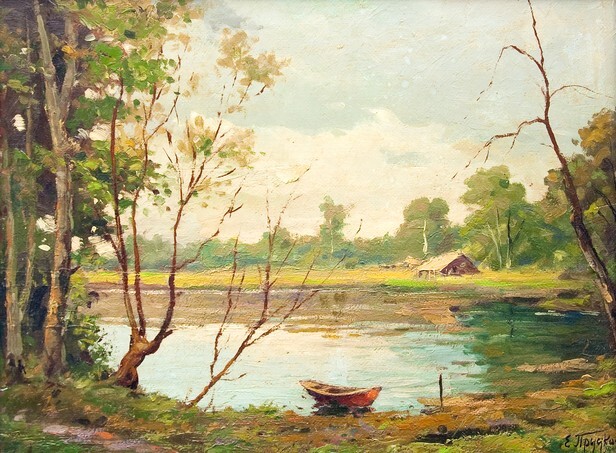 Oil painting showing beautiful forest landscape, with boat, lake and a little house